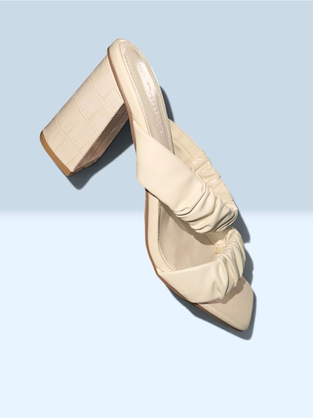 Cream Ruched Block Heel Mule - Women's Slip-On